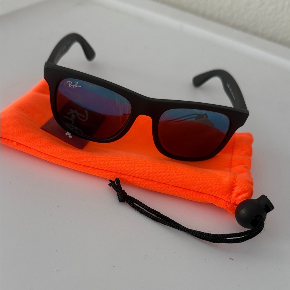 Ray-Ban Kids Black Frame Sunglasses with Bright Orange Pouch